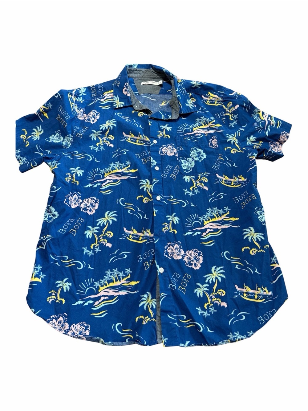 Nautica Blue Floral Island Print Camp Shirt Size XL Bora Bora Hawaiian Tropical